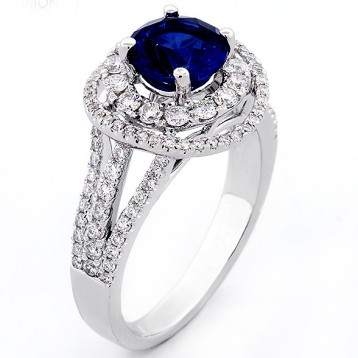1.67 Round Cut Blue Gemstone Double Halo and Triple Shank Band Engagement Ring Set in 18K White Gold